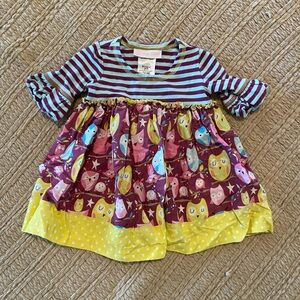 Bonnie Baby owl novelty print mixed media mixed print ruffle baby girl dress 6-9